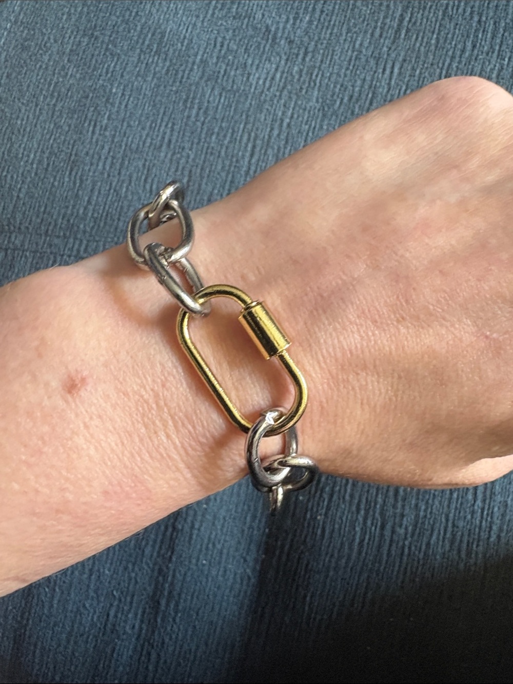 Hand-Crafted Mixed Metal Link Carabiner Bracelet with Gold Accent